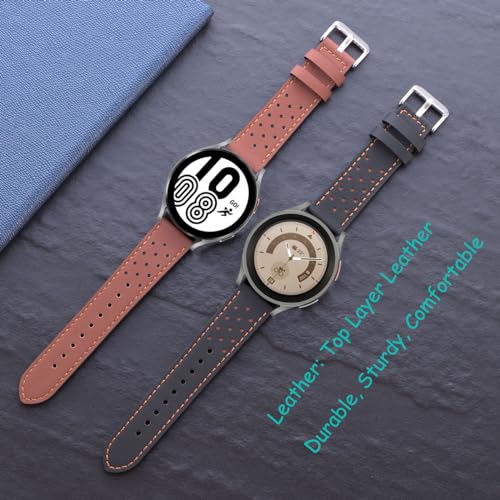 Snowoxen Galaxy Watch 5 Bands 2 Packs, Compatible with Samsung Galaxy Watch 5 Pro 45mm/ 5 40mm/ 5 44mm Band, 20mm Genuine Leather Quick Release Women Men's Watch Band (Black+Brown01) - Image 2