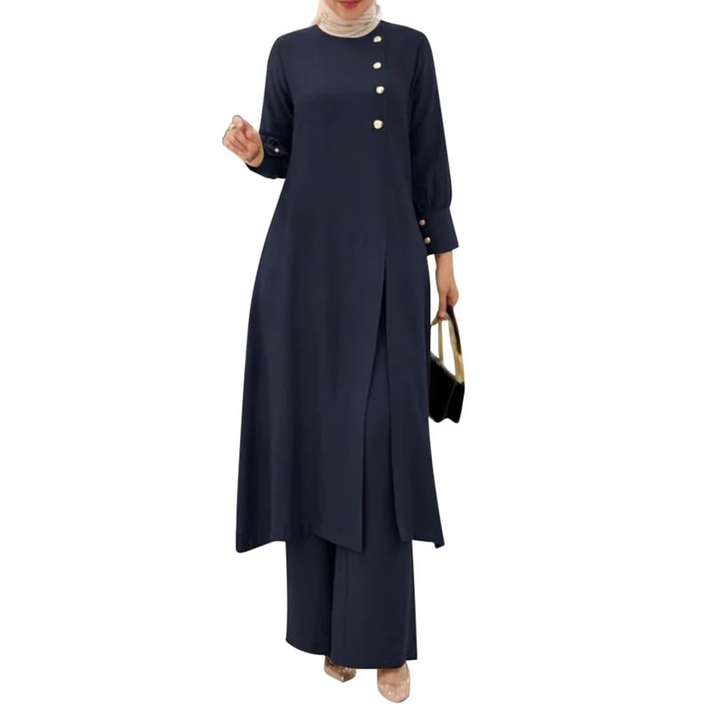 IDOPIP Abaya Dress for Women Muslim Set Long Sleeve Chiffon Ramadan Islamic Prayer Dress Button Down Shirt with Pants 2PCS Middle East Dubai Outfits Modest Arabic Casual Clothes Navy Blue Split S - Image 2