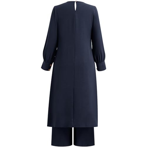 IDOPIP Abaya Dress for Women Muslim Set Long Sleeve Chiffon Ramadan Islamic Prayer Dress Button Down Shirt with Pants 2PCS Middle East Dubai Outfits Modest Arabic Casual Clothes Navy Blue Split S - Image 3