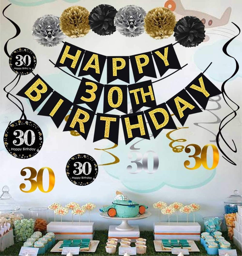 Famoby Black & Gold Glittery Happy 30th Birthday Banner Poms Sparkling 30 Hanging Swirls Kit for 30th Birthday Party 30th Anniversary Decorations Supplies - Image 3