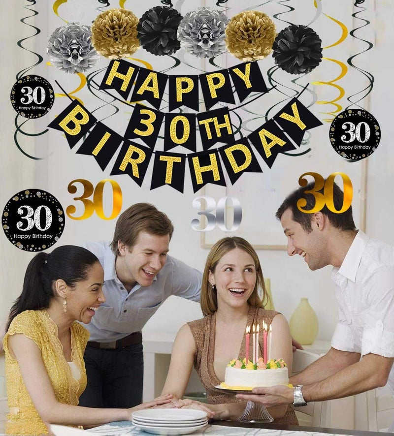 Famoby Black & Gold Glittery Happy 30th Birthday Banner Poms Sparkling 30 Hanging Swirls Kit for 30th Birthday Party 30th Anniversary Decorations Supplies - Image 4
