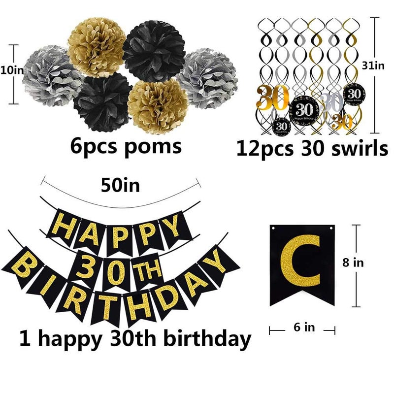 Famoby Black & Gold Glittery Happy 30th Birthday Banner Poms Sparkling 30 Hanging Swirls Kit for 30th Birthday Party 30th Anniversary Decorations Supplies - Image 2