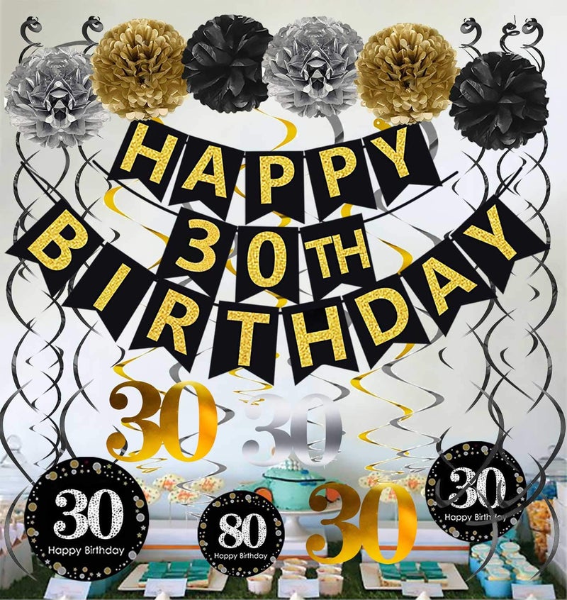 Famoby Black & Gold Glittery Happy 30th Birthday Banner Poms Sparkling 30 Hanging Swirls Kit for 30th Birthday Party 30th Anniversary Decorations Supplies - Image 5