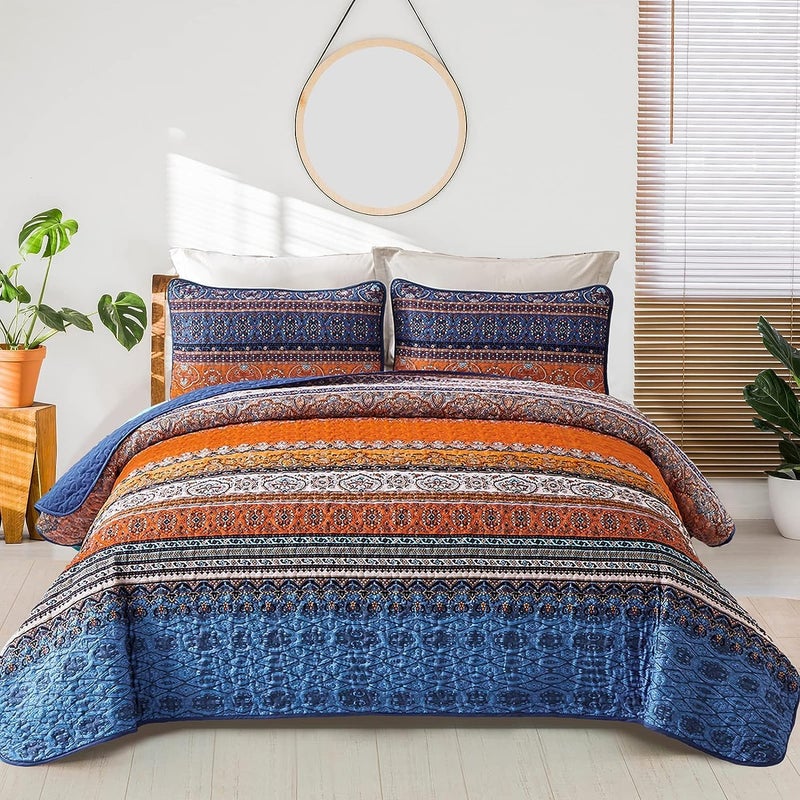 WONGS BEDDING مجموعة أغطية الأسرّة بأسلوب البوهو من WONGS، حجم كينغ كاليفورنيا، لون أزرق وبرتقالي، مجموعة أغطية أسرّة بأسلوب البوهو للسرير الملكي، غطاء سرير خفيف من القطن الميكروفيبر مثالي لجميع المواسم، مقاس 106" × 96" (3 قطعة) - Image 1