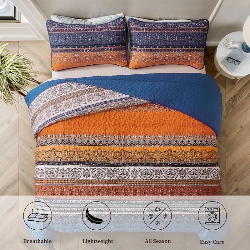 WONGS BEDDING مجموعة أغطية الأسرّة بأسلوب البوهو من WONGS، حجم كينغ كاليفورنيا، لون أزرق وبرتقالي، مجموعة أغطية أسرّة بأسلوب البوهو للسرير الملكي، غطاء سرير خفيف من القطن الميكروفيبر مثالي لجميع المواسم، مقاس 106" × 96" (3 قطعة) - Image 3