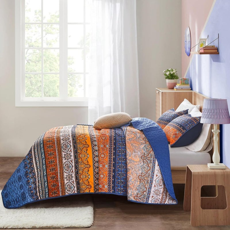 WONGS BEDDING مجموعة أغطية الأسرّة بأسلوب البوهو من WONGS، حجم كينغ كاليفورنيا، لون أزرق وبرتقالي، مجموعة أغطية أسرّة بأسلوب البوهو للسرير الملكي، غطاء سرير خفيف من القطن الميكروفيبر مثالي لجميع المواسم، مقاس 106" × 96" (3 قطعة) - Image 4