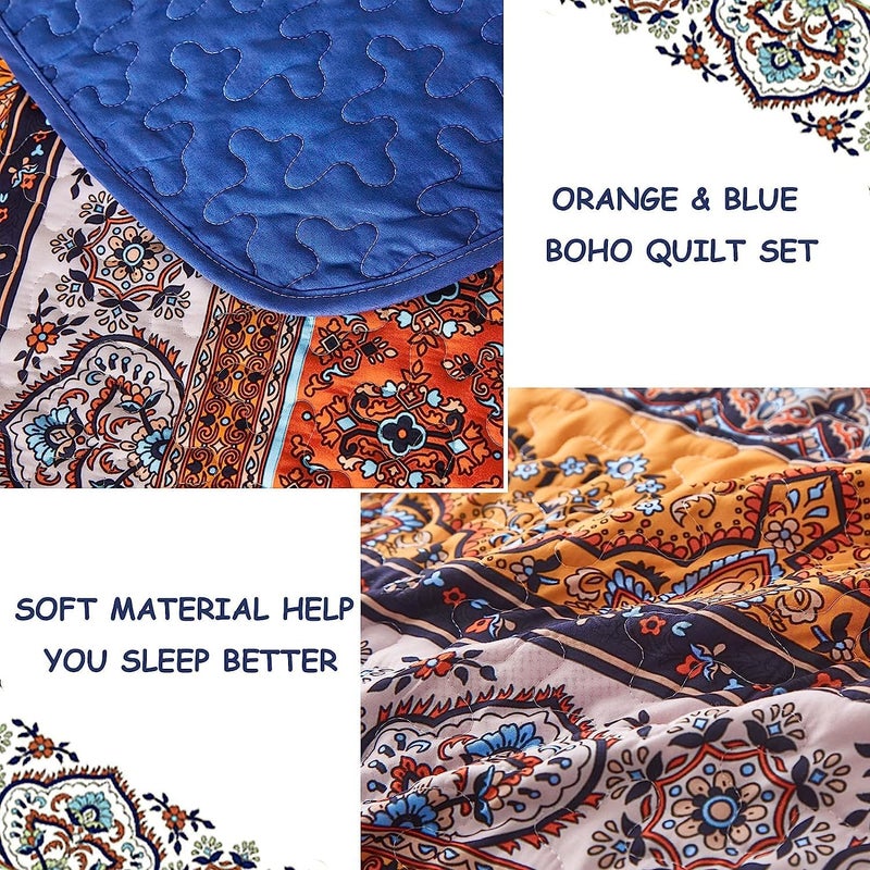 WONGS BEDDING مجموعة أغطية الأسرّة بأسلوب البوهو من WONGS، حجم كينغ كاليفورنيا، لون أزرق وبرتقالي، مجموعة أغطية أسرّة بأسلوب البوهو للسرير الملكي، غطاء سرير خفيف من القطن الميكروفيبر مثالي لجميع المواسم، مقاس 106" × 96" (3 قطعة) - Image 5