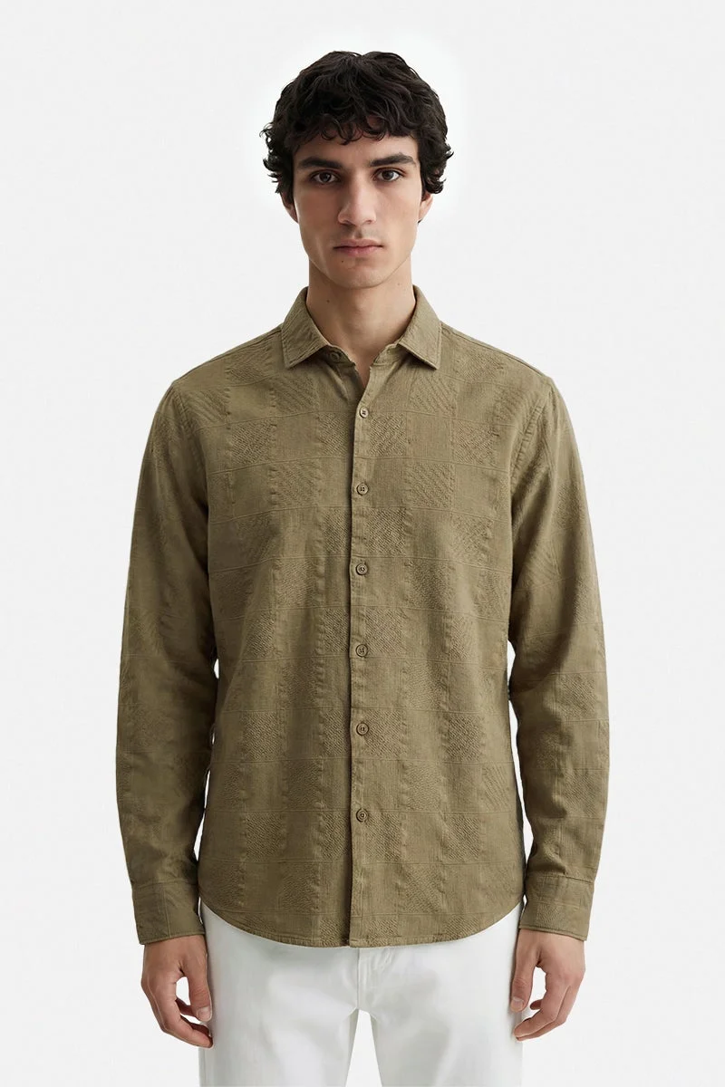 سنيتش Olive Textured Long Sleeve Regular Fit Casual Shirt