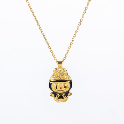 Golden Stainless Steel Black Labubu Pendant Necklace