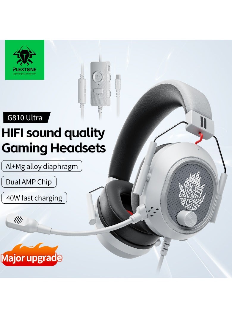 Plextone Plextone G810 ULTRA Gaming Headset with Type-C Connector and USB Port, Connects to Any Audio Device with Gaming Sound Card, Independent Game Effects Adjustment, Built-in One-Click Mute, Enhanced Sound Effects, Supports 40W Fast Charging with Type-C Port During Gaming, In addition, its ergonomic design ensures superior comfort during use, fits all sizes and provides ideal support for your head, Gray  - Image 4