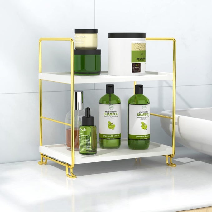 2TIER BATHROOM COUNTERTOP ORGANIZER PERFUME ORGANIZER MAKEUP SHELF BEDROOM STORAGE TRAY OR KITCHEN SPICE RACK GOLD
