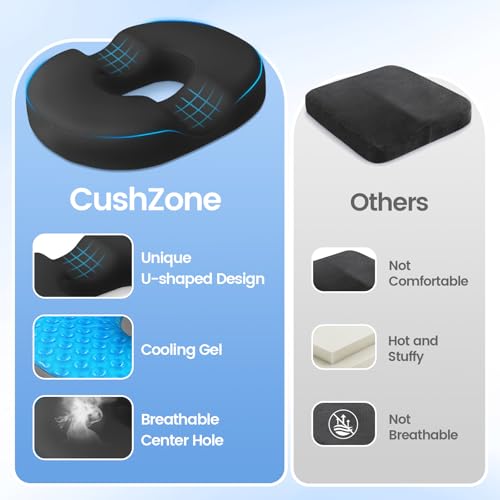 CushZone Donut Pillow Seat Cushion - Cooling Gel Floor Pillow, Memory Foam Floor Cushion for Office & Home, Car Seat, Hemorrhoids Pillow, Sciatica & Tailbone Pain Relief Chair Cushion, Black - Image 5