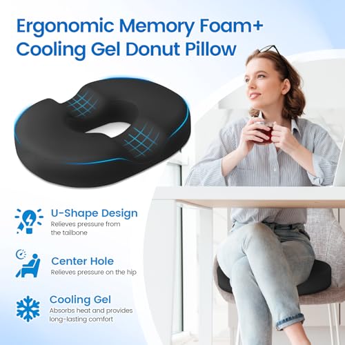 CushZone Donut Pillow Seat Cushion - Cooling Gel Floor Pillow, Memory Foam Floor Cushion for Office & Home, Car Seat, Hemorrhoids Pillow, Sciatica & Tailbone Pain Relief Chair Cushion, Black - Image 3
