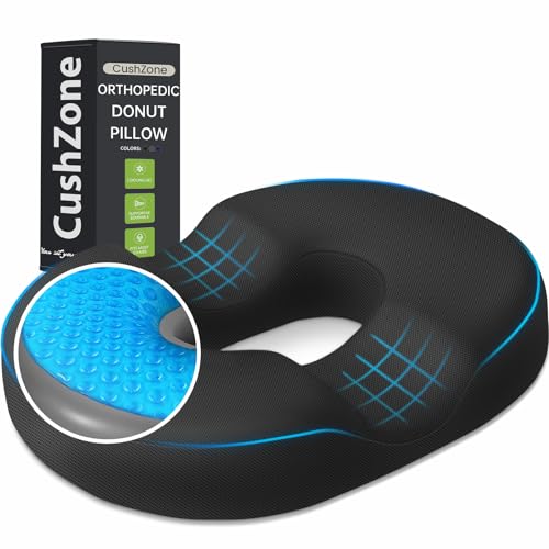 CushZone Donut Pillow Seat Cushion - Cooling Gel Floor Pillow, Memory Foam Floor Cushion for Office & Home, Car Seat, Hemorrhoids Pillow, Sciatica & Tailbone Pain Relief Chair Cushion, Black - Image 1