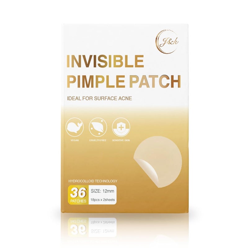 JK Pimple Patches 12mm  Invisible Hydrocolloid Acne Patch Vegan Skin Treatment for Surface Acne 36 Count  Clinically Tested Clear Patch Best Invisible Pimple Solution
