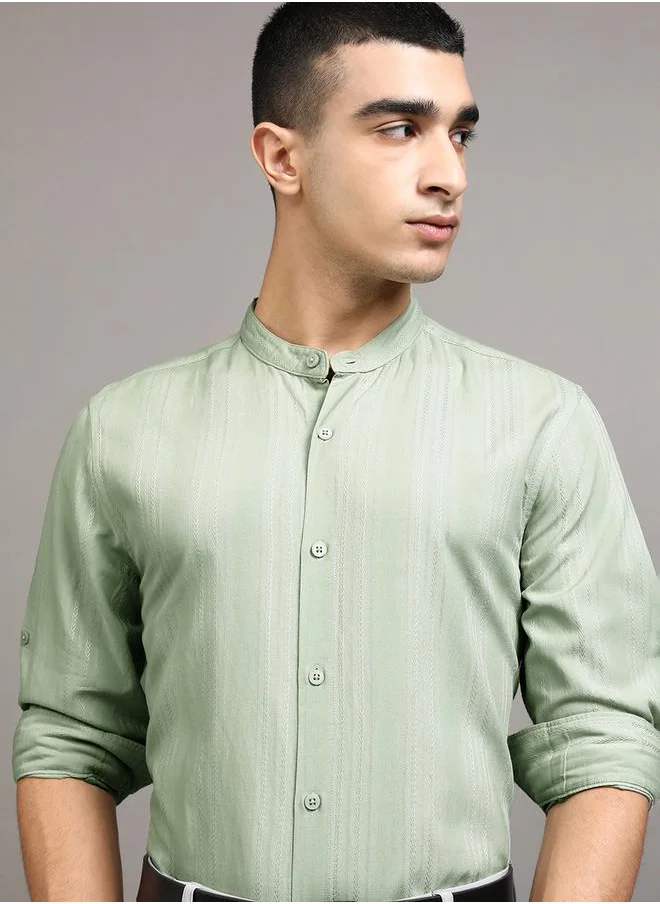 هاي لاندر Regular Fit Mandarin Collar Striped Shirt