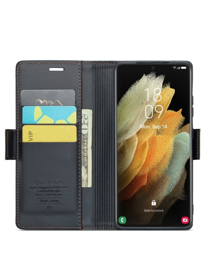 Flip Wallet Case For Samsung Galaxy S21 Ultra, [RFID Blocking] PU Leather Wallet Flip Folio Case with Card Holder Kickstand Shockproof Phone Cover (Black)