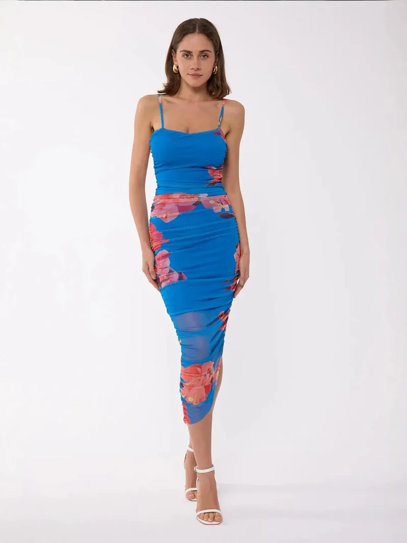 HICCUP Floral Ruched Spaghetti-Strap Bodycon Midi Dress