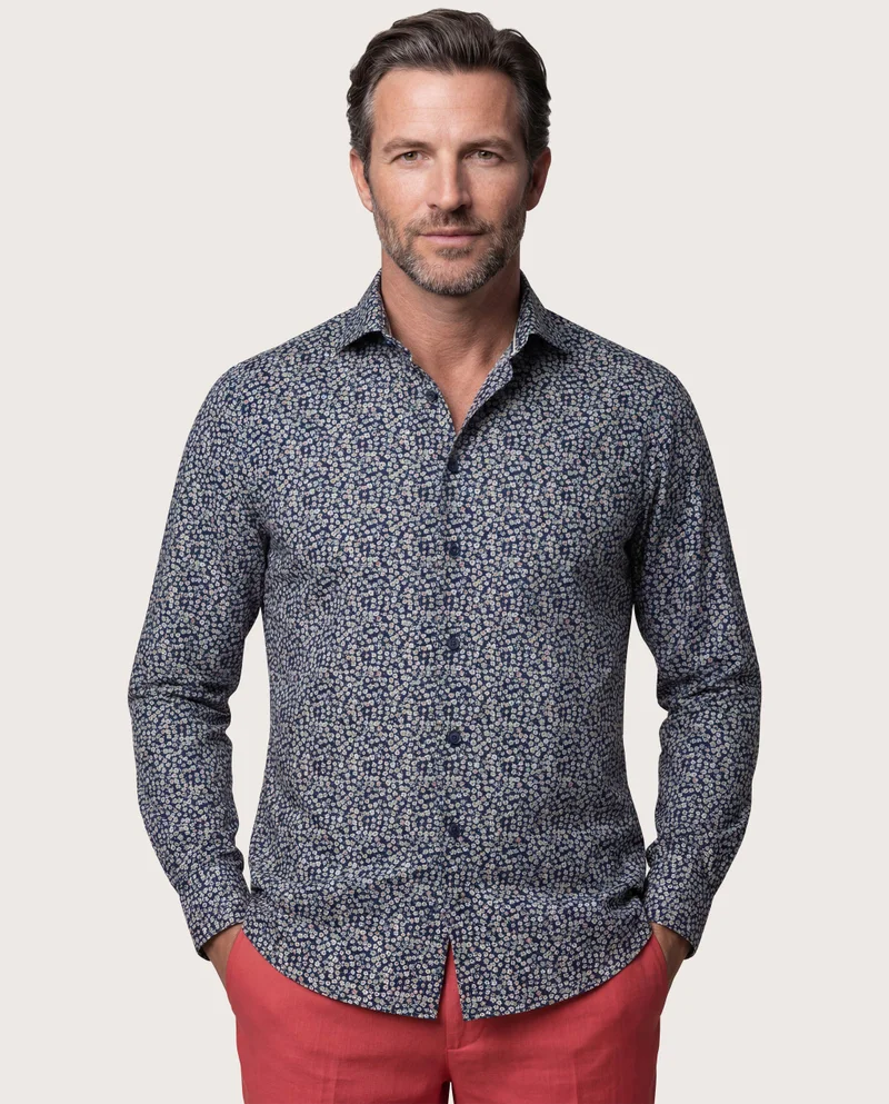 كاميتشسما Trendy Dark Blue Printed Poplin Extra Slim Shaped Shirt