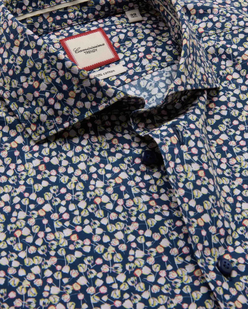 كاميتشسما Trendy Dark Blue Printed Poplin Extra Slim Shaped Shirt