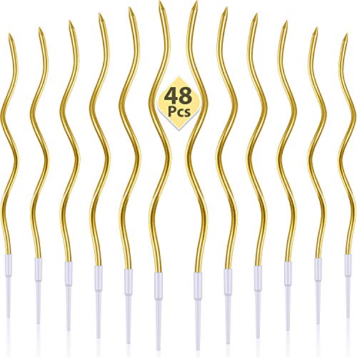 BBTO 48 Pieces Twisty Birthday Spiral Cake Candles with Holders Long Thin Curly Coil Metallic Cake Cupcake Candles for Birthday Wedding Party Decoration(Metallic Gold) - Image 1