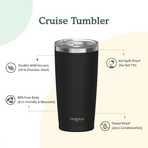 VAHDAM, Stainless Steel Tumbler (500ml) Black | Vacuum Insulated, Double Wall, Sweat-Proof Sipper with Lid for Hot and Cold Drinks | Coffee Mug - Image 2