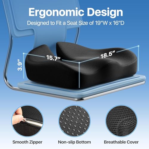 9villa Pro Coccyx Seat Cushion, Extra Large Memory Foam Cushion for Office Chair Cushions, Ergonomic Cushions Pad Pillow for Pressure Relief Sciatica & Pain Relief for Long Sitting (Black) - Image 3