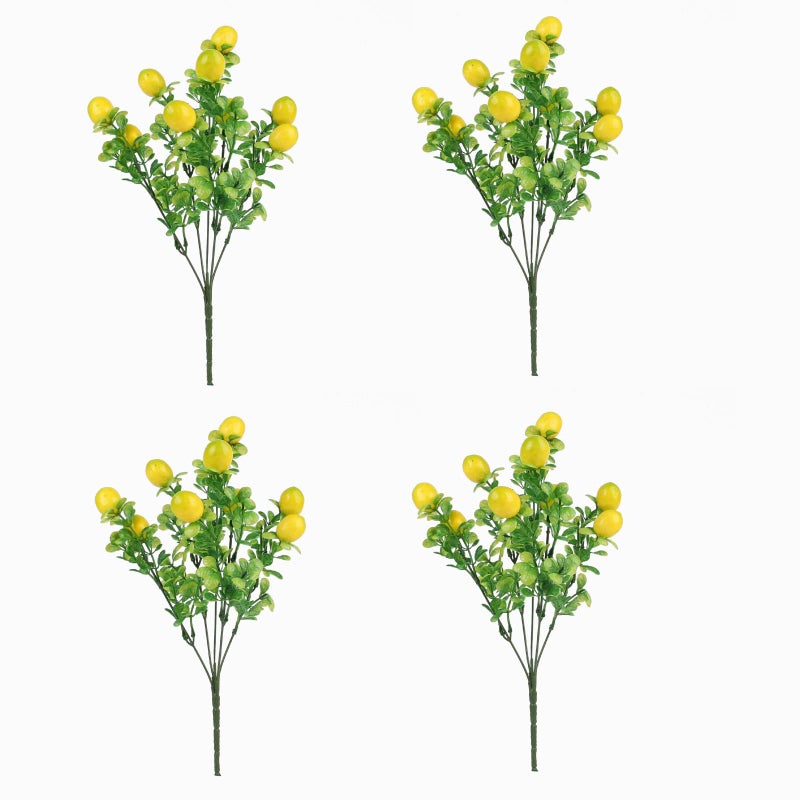 FQQWEE 4PCS Artificial Lemon Plants Branches 14 Inch Faux Yellow Lemon Branch Stems with Green Leaves Simulation Fruit Fake Lemon Tree Picks Props for Home Weddng Party Decor