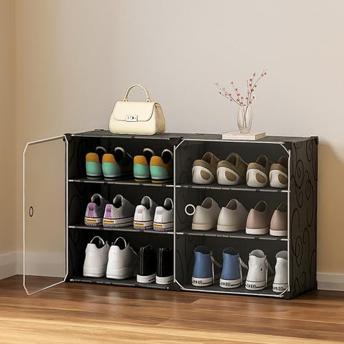 AYSIS Premium Modular Plastic Shoe Rack for Home with Door | 𝟔-𝐓𝐢𝐞𝐫 Stackable Shoe Organizer | Waterproof & Dustproof | Space Saving Storage for Home, Bedroom & Entryway【Black, 6-Shelf-2-Door】 - Image 1