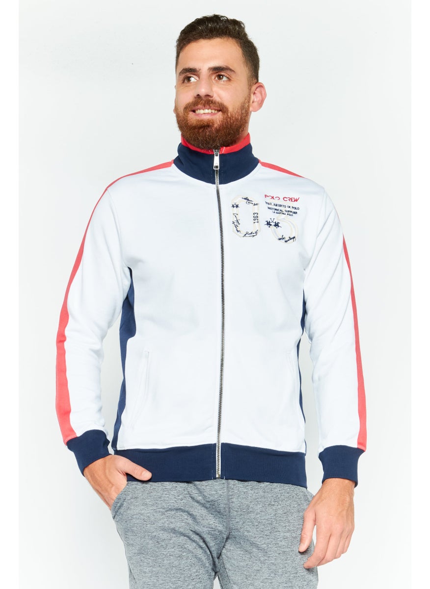 La Martina Men Mock Neck Brand Logo Long Sleeves Full zip Sweatshirt, White Combo  - Image 1
