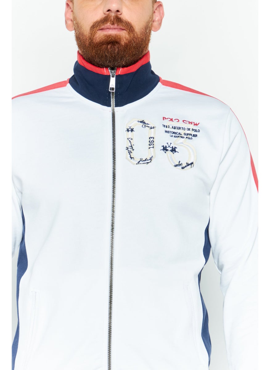 La Martina Men Mock Neck Brand Logo Long Sleeves Full zip Sweatshirt, White Combo  - Image 3