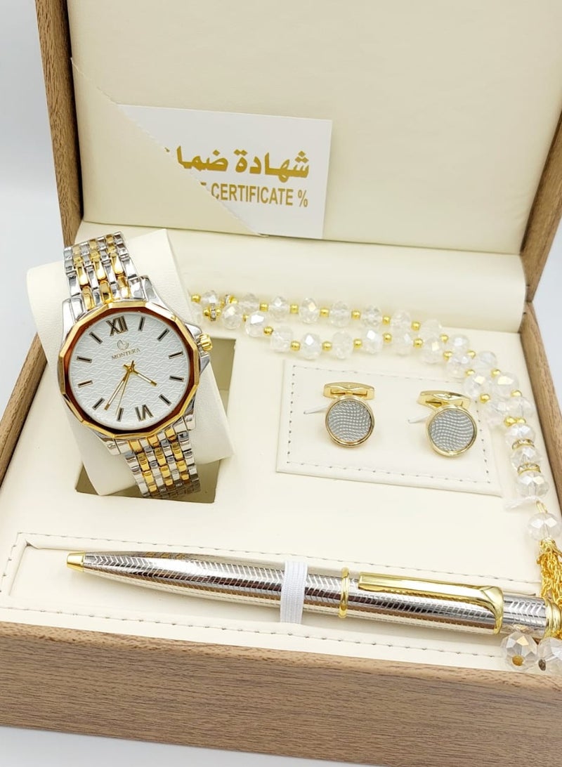 مونتيرا طقم رجالي مكون من ٤ قطع ساعة وقلم وكبك وسبحه