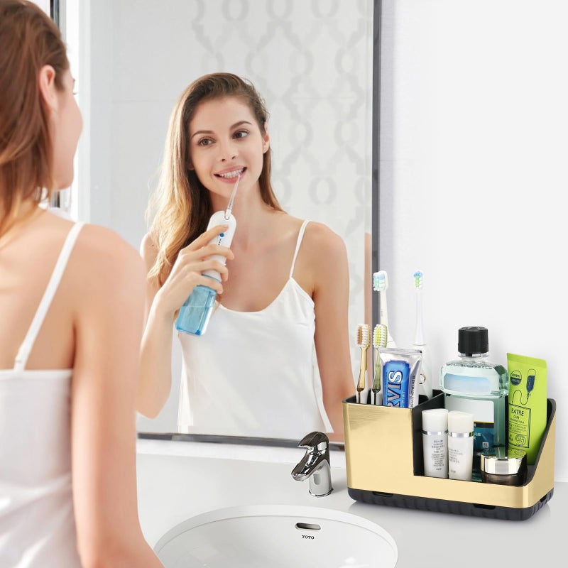 PARKMANI Toothbrush Holders for Bathroom Countertop Organizer, Kids Electric Toothbrush and Toothpaste Holders, Bathroom Accessories Organizer and Storage (Brushed Gold) - Image 2