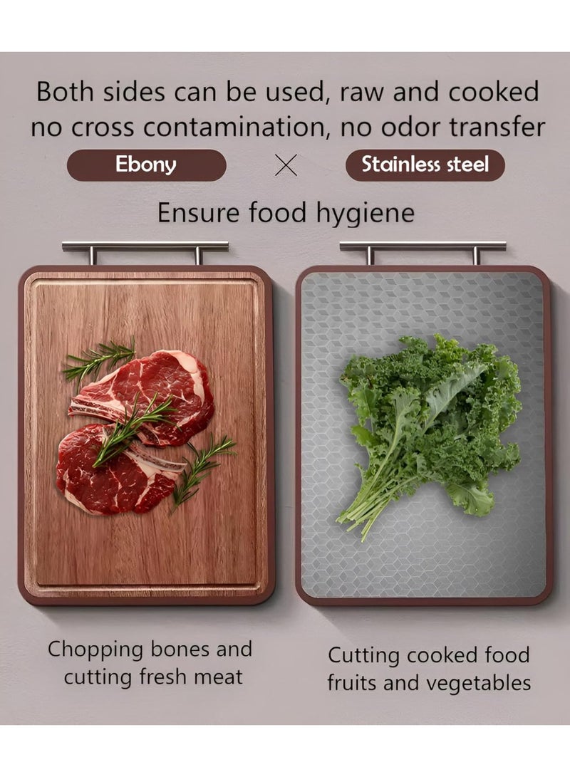 YQbest Premium Stainless Steel & Ebony Wood Cutting Board – 30x42 cm Dual-Sided Chopping Board, Knife-Friendly, Hygienic & Durable, with Handle – Ideal for Modern Kitchens (Large) - Image 3