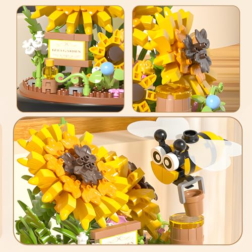 HI-REEKE HIREEKE Sunflower Bee Bouquet Building Block Set Micro Mini Botanical Building Toy for Women 548 PCS - Image 5