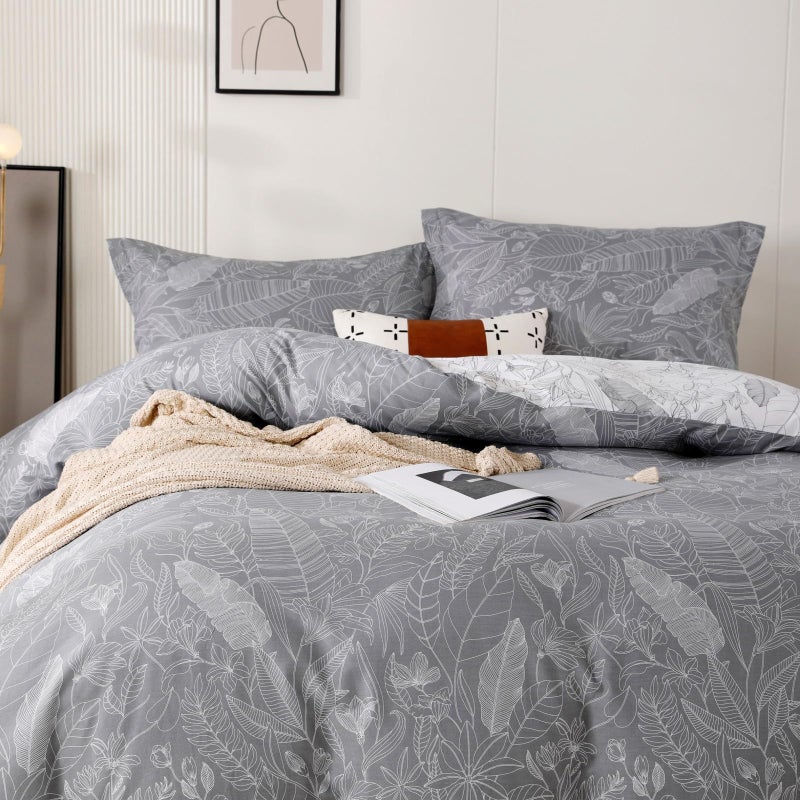 OAITE Duvet Cover Set 100% Cotton Comforter Cover with Leaf Pattern Duvet Cover Set Soft Bedding Set Includes with 3 Piece (2 Pillow Shams 1 Duvet Cover) - Image 5