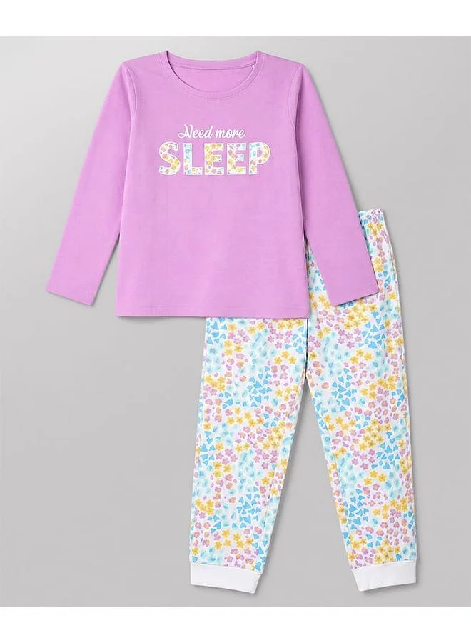 Honeyhap Honeyhap Premium 100% Cotton Knit Full Sleeves Need More Sleep Printed Pajama Set with Bio Finish - Violet