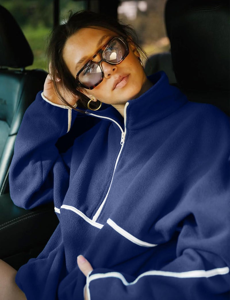 Yimoon Womens Half Zip Fleece Pullover Oversized Sherpa Sweatshirt Jacket Long Sleeve Warm Fuzzy Sweaters with Pockets(Navy-M) - Image 5