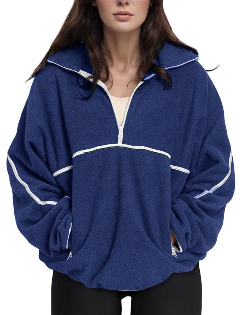 Yimoon Womens Half Zip Fleece Pullover Oversized Sherpa Sweatshirt Jacket Long Sleeve Warm Fuzzy Sweaters with Pockets(Navy-M) - Image 1