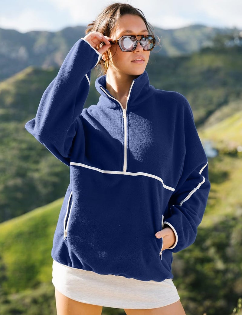 Yimoon Womens Half Zip Fleece Pullover Oversized Sherpa Sweatshirt Jacket Long Sleeve Warm Fuzzy Sweaters with Pockets(Navy-M) - Image 4