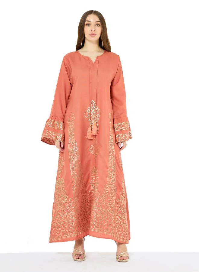 Thouq Rust Maxi A-Line Embroidered Jalabiya