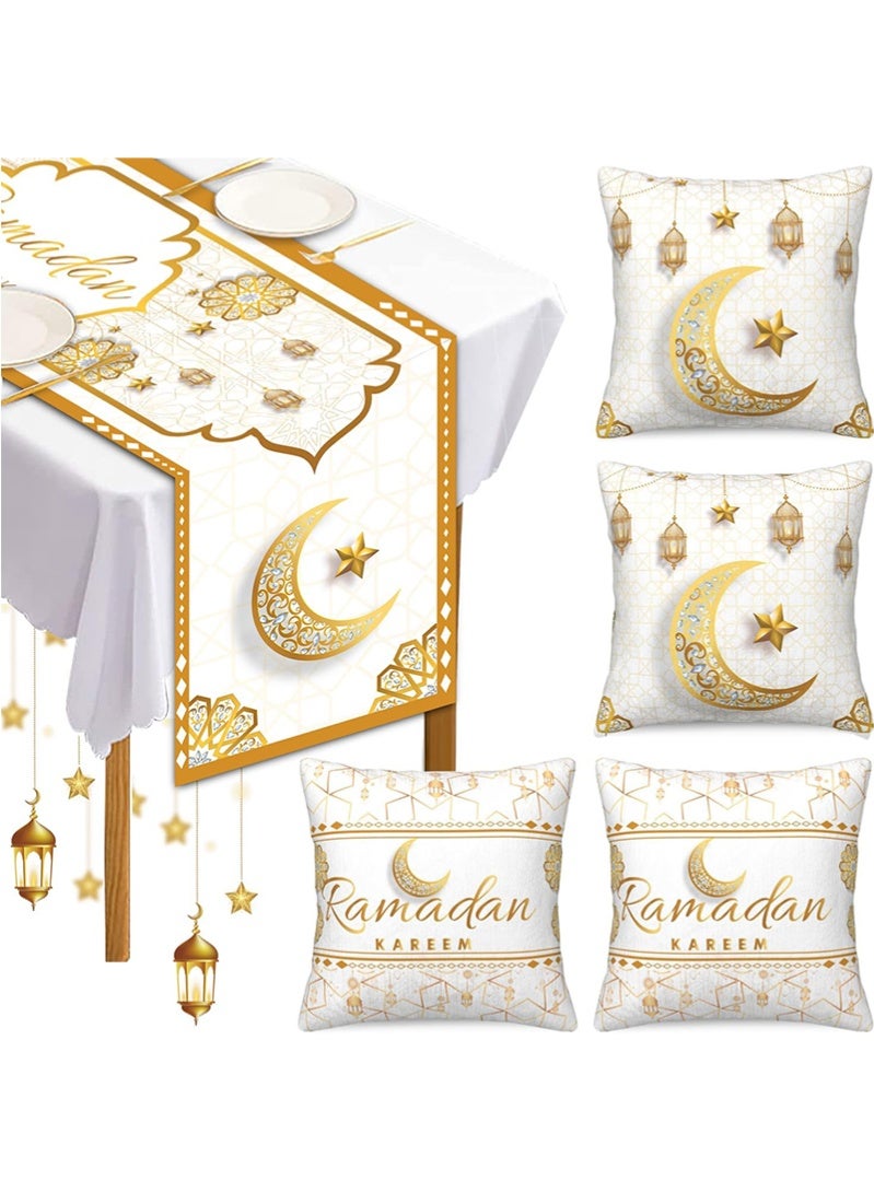 توبيتش أغطية وسائد رمضان، مفرش طاولة رمضان، زينة رمضان، مع مفرش طاولة و 4 قطع أغطية وسائد زخرفية للمنزل - Image 1