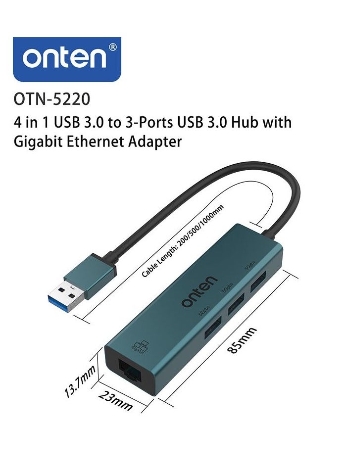 onten 5220 USB3.0 to 3-Ports USB 3.0 Hub with Gigabit Ethernet Adapter  - Image 2