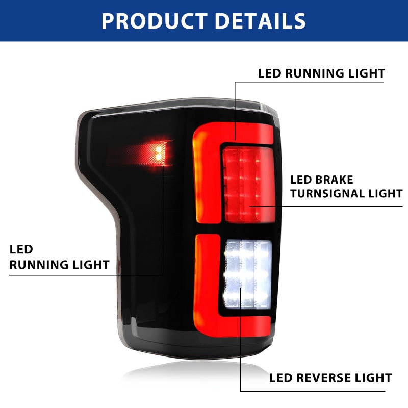 CNYGO LED Tail Light Assembly Compatible with 2015 2016 2017 2018 2019 2020 Ford F150 F-150 Pickup Truck Black Housing Smoked Lens Rear Lamp Brake Taillights Replacement, Driver Side + Passenger Side - Image 4