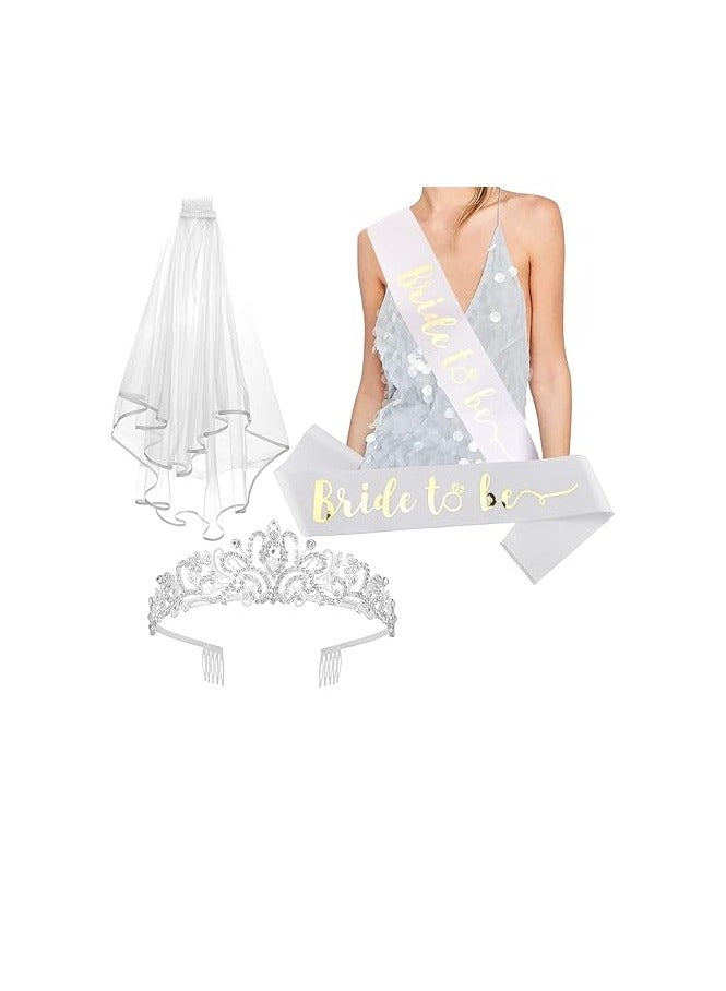 Crystal Crown + Bride To Be Sash + Veil Set, Bachelorette Party Bridal Shower Decorations Bride To Be Gifts Wedding Veil Tiara Bachelorette Veil Bridal Shower For Bride Sash Bachelorette Sash - Image 1