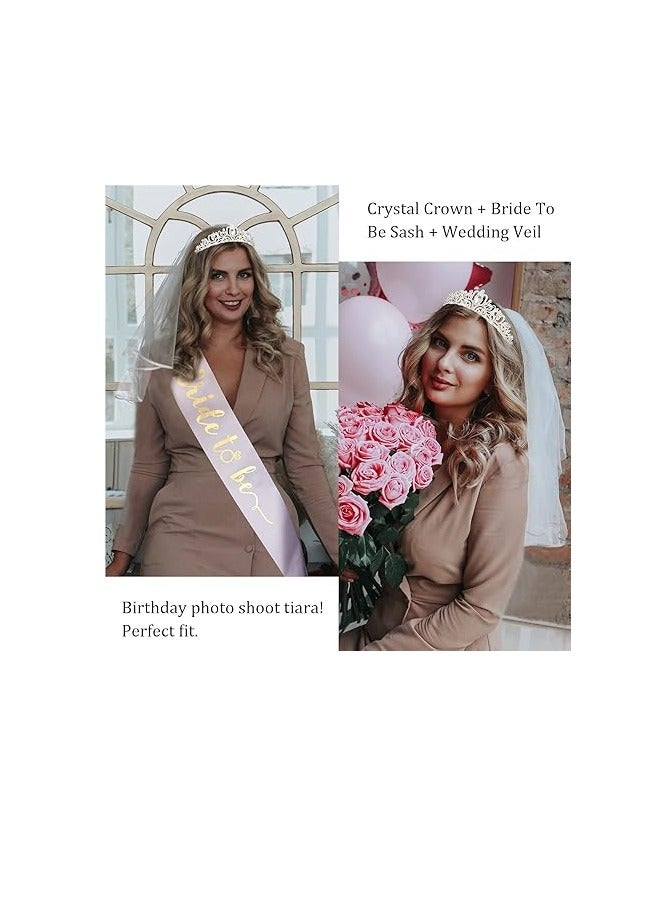 Crystal Crown + Bride To Be Sash + Veil Set, Bachelorette Party Bridal Shower Decorations Bride To Be Gifts Wedding Veil Tiara Bachelorette Veil Bridal Shower For Bride Sash Bachelorette Sash - Image 2