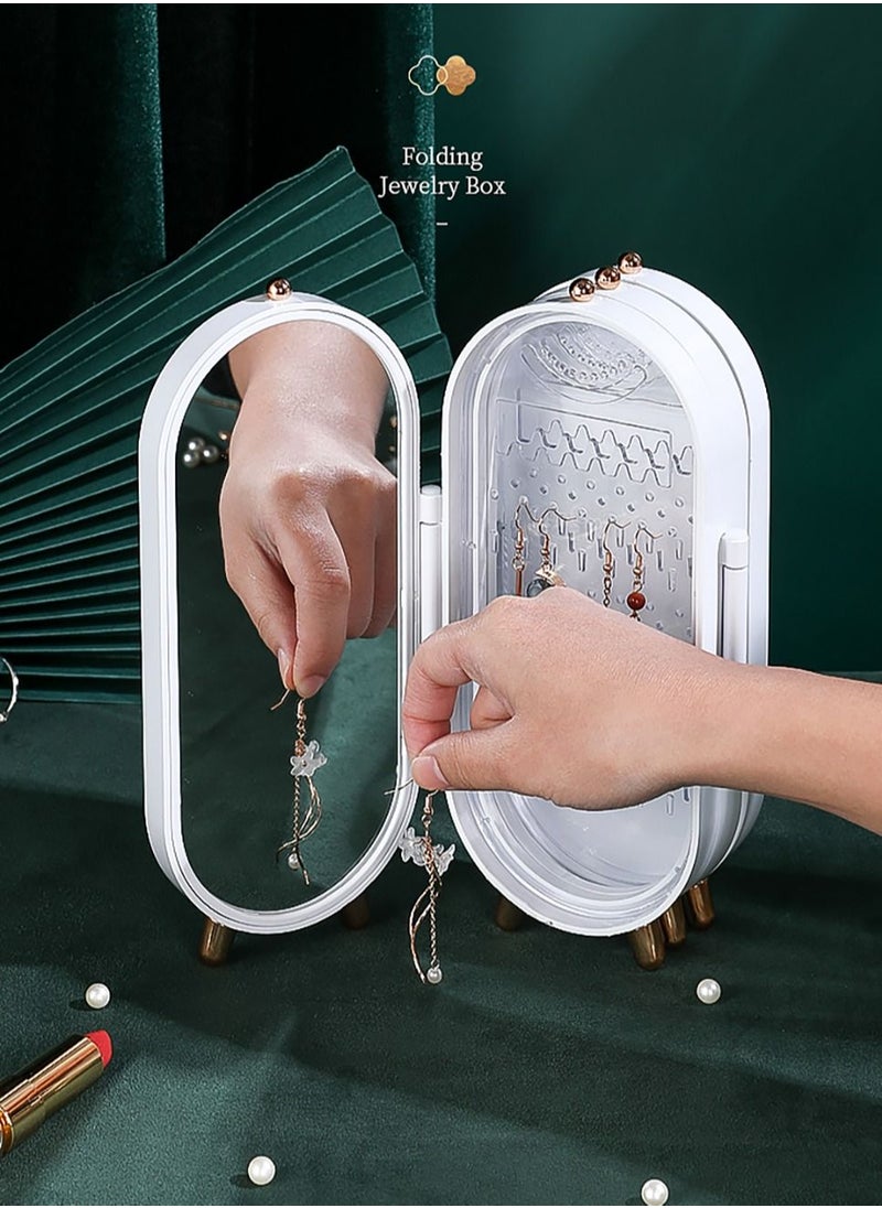 Merry Moments - Green 4 Tiers Acrylic Jewelry Display Stand Box with Mirror Organizer Box Fordable Necklace Holder 153 Holes For Dangle Earrings & 21 Grooves for Necklaces, Jewelry Organizer White - Image 1