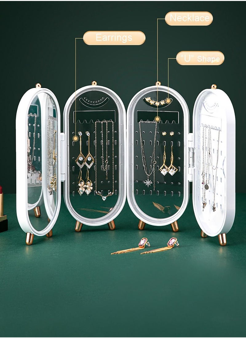 Merry Moments - Green 4 Tiers Acrylic Jewelry Display Stand Box with Mirror Organizer Box Fordable Necklace Holder 153 Holes For Dangle Earrings & 21 Grooves for Necklaces, Jewelry Organizer White - Image 1