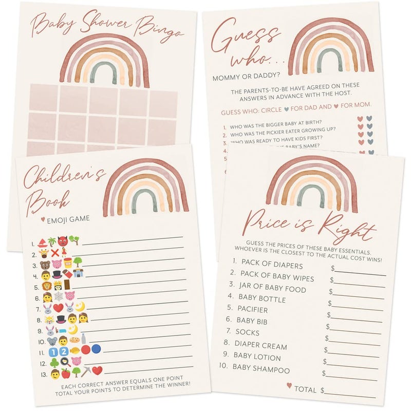 Printed Party Baby Shower Game Set  4 Games  Activities for 30 Guests Includes Bingo Emoji Guessing Price is Right and Guess Who Trivia Boho Rainbow Theme for Baby Girl