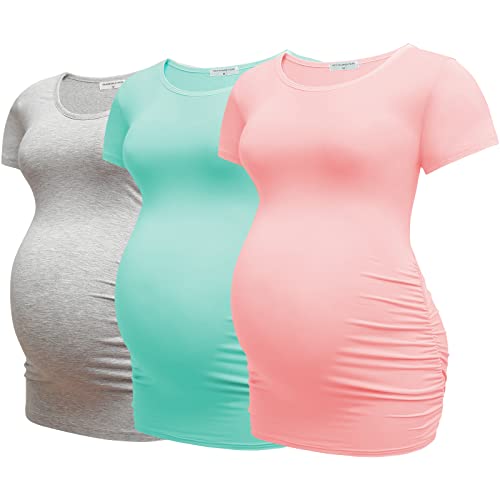 Bearsland Womens Maternity Tshirt 3 Packs Classic Side Ruched Tee Top Mama Pregnancy Clothes,Pink+mintgreen+LtGray,L - Image 1
